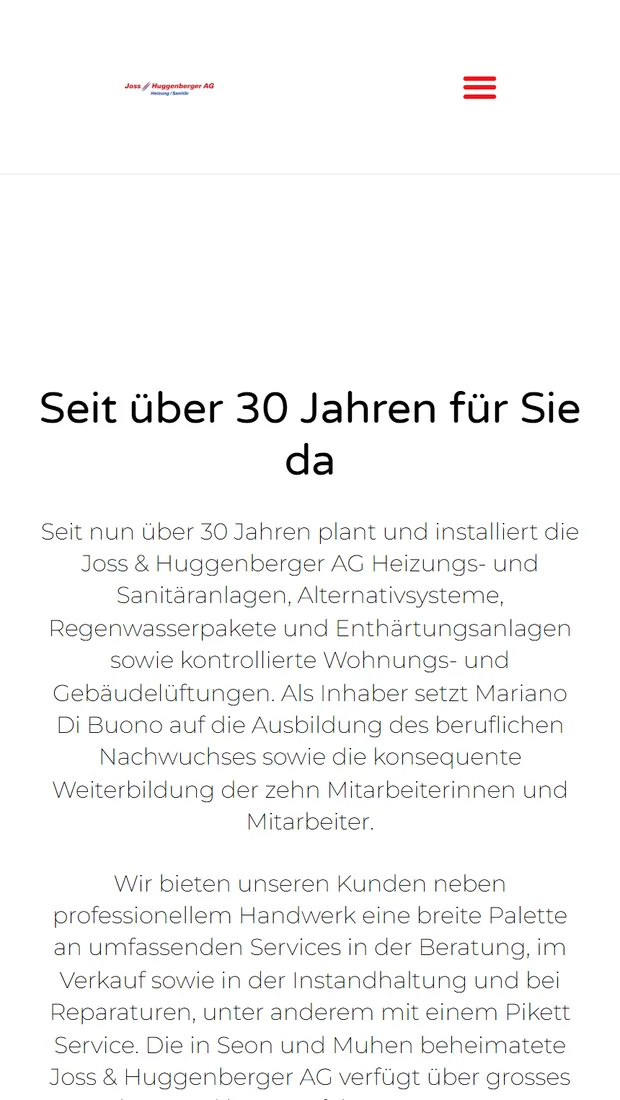 Website der Joss und Huggenberger AG auf dem Handy